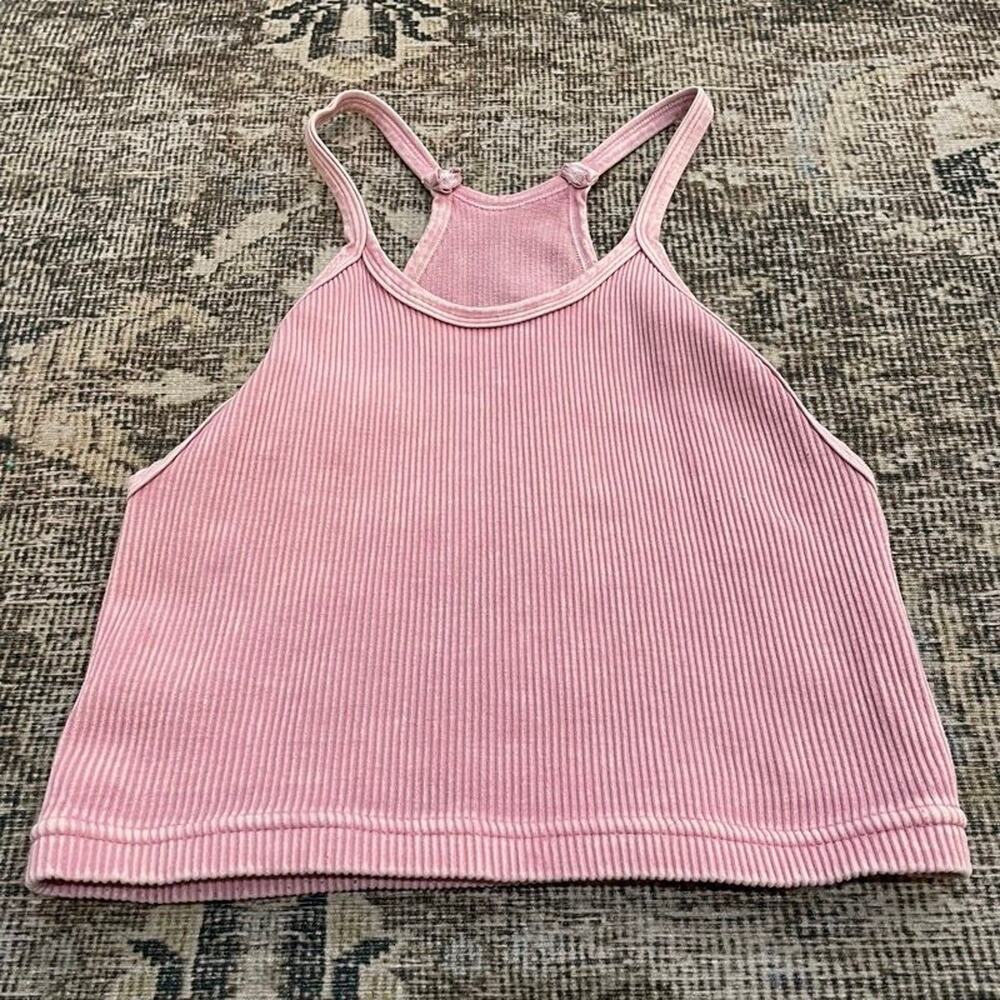 Free People Movement Happiness Runs Pink Ribbed Knit High Neck Crop Tank Top